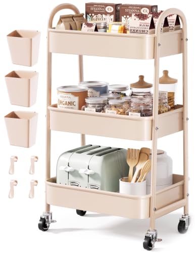 Beige 3 Tier Rolling Cart Metal on Wheels, Three Tiered Storage Organizer Utility Trolley with Wheels for Art, Craft, Baby Diaper Caddy, Snack, Book, Nail, Lash, Cleaning Supplies, Kitchen, Bathroom - color: Light Beige