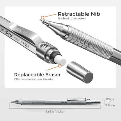 Nicpro 2 PCS Metal Mechanical Pencil 0.5mm & 0.7 mm with Case | MP1000 Pencil Set with 4 Tubes HB Lead Refills, 2 Eraser, 9 Eraser Refill For Art Writing Drafting, Sketch, College - Silver - color: Silver