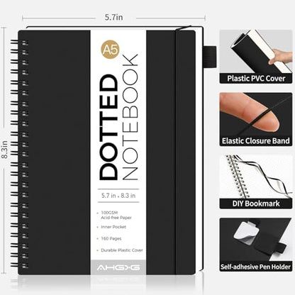 AHGXG Dotted Journal, Grid Spiral Notebook, 160 Pages, A5 (5.7" x 8.3") | 100 GSM Thick Dot Paper, Waterproof Plastic Cover Journals for Journaling, Sketching (Black) - color: Black, style: A5-Dotted