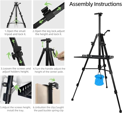 Artist Easel Stand Painting Stand Art Easel, 20" to 61" Art Easel for Painting Canvase & Displaying, Aluminum Adjustable Height Display Tripod with Portable Bag/Folding Keg/Apron.(Black)