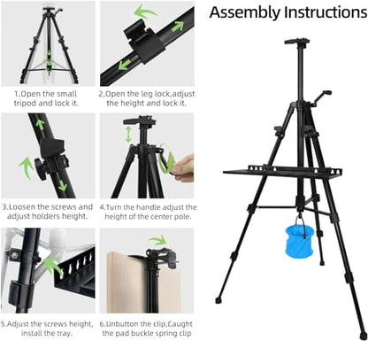 Artist Easel Stand Painting Stand Art Easel, 20" to 61" Art Easel for Painting Canvase & Displaying, Aluminum Adjustable Height Display Tripod with Portable Bag/Folding Keg/Apron.(Black)