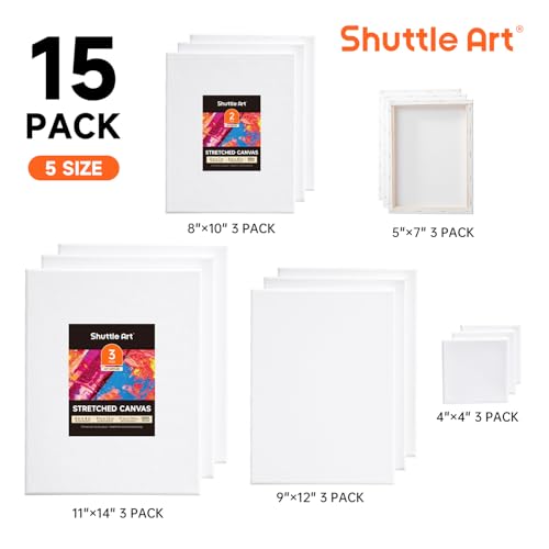 Shuttle Art Canvas for Painting, 15 Pack Multi-Size 4x4/5x7/8x10/9x12/11x14 Inch, Stretched Canvas, 100% Cotton, Primed White Blank Art Canvases, Ideal for Acrylic Oil Acrylic Pouring - size: 15 Multi Pack-4x4", 5x7", 8x10", 9x12", 11x14"