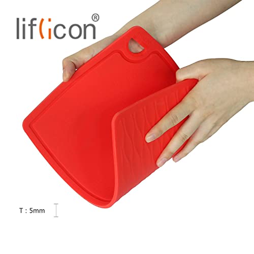 Liflicon Thick Silicone Cutting Board 12.6'' x 9.1'' Juice Grooves Easy Grip Handle Dishwasher Safe-Red - color: Red, size: 12.6"L x 9.1"W