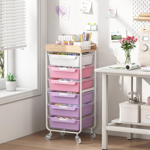 SYKIARIOL Utility Cart with 6 Labeling Drawers and Wooden Tabletop | Rolling Storage Cart for Crafters, Artists, Kids, Teachers, and Students – Organize Arts, Crafts, Sewing & Study Supplies - color: Dreamy Color, size: 6-Drawer