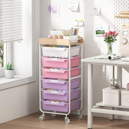 SYKIARIOL Utility Cart with 6 Labeling Drawers and Wooden Tabletop - color: Dreamy Color, size: 6-Drawer