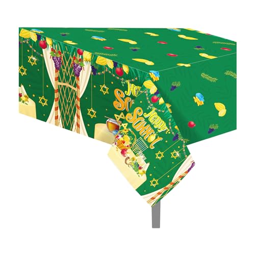 1Pc Happy Sukkot Party Plastic Tablecloth 54 x 87 Inch Long Table Cover, Jewish Fiesta Party Tablecover for Sukkah Let's Rejoice Kids Baby Shower Birthday Dinner Picnic Kitchen Event - color: Happy Sukkot
