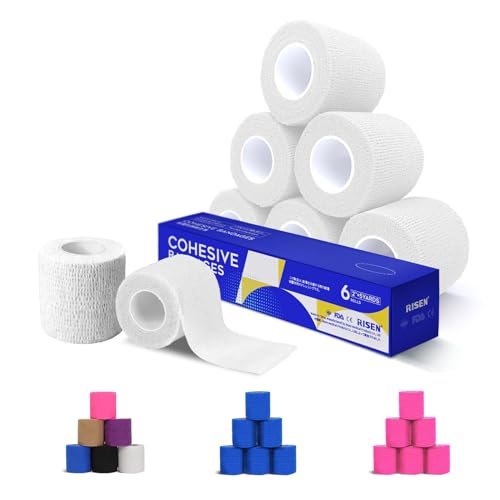 RISEN Cohesive Bandage 2” x 5 Yards, 6 Rolls, Self Adherent Wrap Medical Tape, Adhesive Flexible Breathable First Aid Gauze Ideal for Stretch Athletic - color: White, size: 6 Count (Pack of 1)