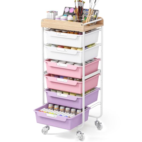 SYKIARIOL Utility Cart with 6 Labeling Drawers and Wooden Tabletop | Rolling Storage Cart for Crafters, Artists, Kids, Teachers, and Students – Organize Arts, Crafts, Sewing & Study Supplies - color: Dreamy Color, size: 6-Drawer