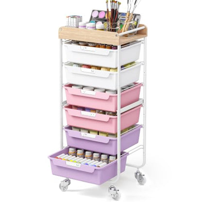 SYKIARIOL Utility Cart with 6 Labeling Drawers and Wooden Tabletop - color: Dreamy Color, size: 6-Drawer