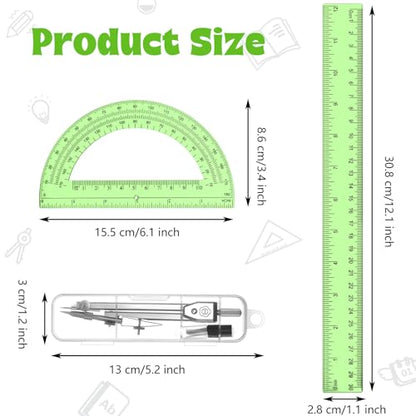 Zonon 3 Pcs 12" Clear Plastic Ruler 6 Inch Protractor Compass Set, Green - color: Green, size: 12 Inch
