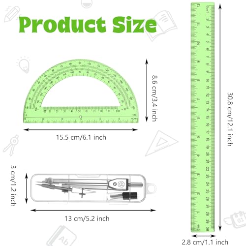 Zonon 3 Pcs 12" Clear Plastic Ruler 6 Inch Protractor Compass Set, Green - color: Green, size: 12 Inch