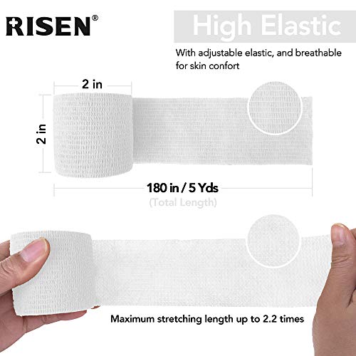 RISEN Cohesive Bandage 2” x 5 Yards, 6 Rolls, Self Adherent Wrap Medical Tape, Adhesive Flexible Breathable First Aid Gauze Ideal for Stretch Athletic - color: White, size: 6 Count (Pack of 1)