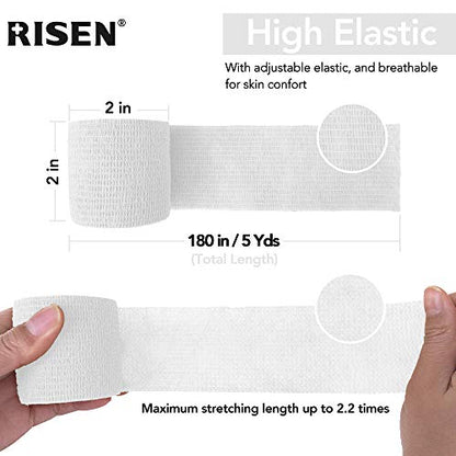 RISEN Cohesive Bandage 2” x 5 Yards, 6 Rolls, Self Adherent Wrap Medical Tape, Adhesive Flexible Breathable First Aid Gauze Ideal for Stretch Athletic - color: White, size: 6 Count (Pack of 1)