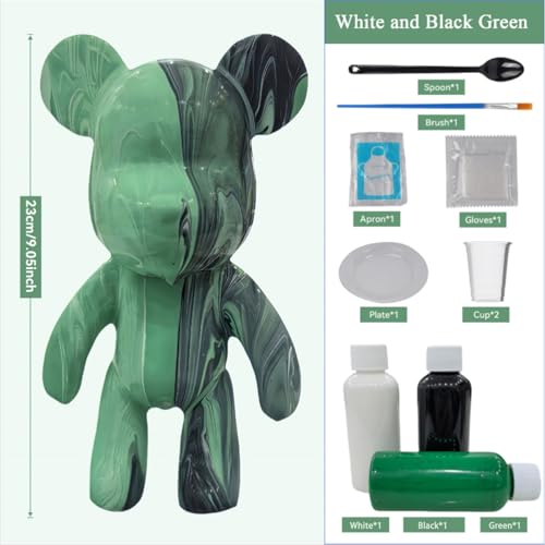 YONXID DIY Fluid Bear Painting Kit - Fluid Art Pour Paint Bear Set - Full Drip Paint Bears Kit with Spill Tray & Apron for Family Activity, Date Night, Holiday Gifts, 9.05 in, Green+White+Black - color: green+white+black(Easy DIY)