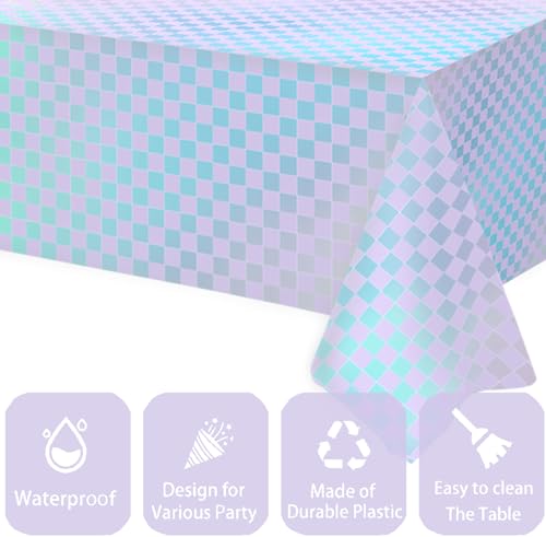 OQOQ Light Purple Checkered Iridescent Tablecloth (4 Packs), 108x 54 Inches Laser Rectangular Plastic Table Cover Disposable Table Cloth Purple Birthday Music Birthday Princess Bachelorette Party - color: Light Purple Checkered