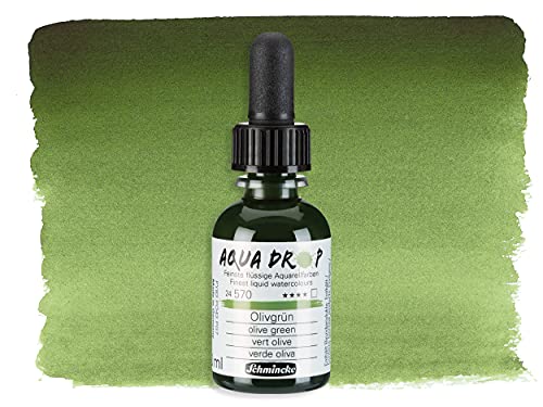Schmincke - AQUA DROP, liquid, pigment-based watercolour, olive green in 30 ml pipette bottle, 24570034, for watercolorpainting, urban sketching, calligraphy, handlettering, lightfast - color: 570 olive green
