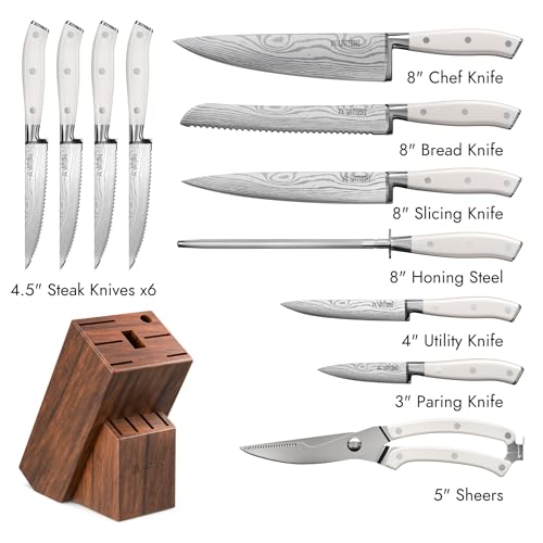 Yatoshi 12 Piece White Knife Block Set - Pro Kitchen Knife Set Ultra Sharp High Carbon Stainless Steel with Ergonomic Handle - color: White, size: 12-Piece