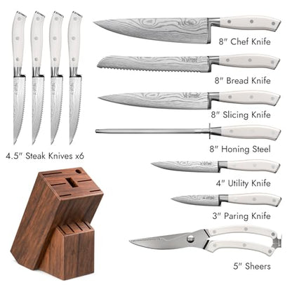 Yatoshi 12 Piece White Knife Block Set - Pro Kitchen Knife Set Ultra Sharp High Carbon Stainless Steel with Ergonomic Handle - color: White, size: 12-Piece