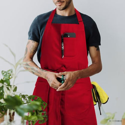 Unisex Apron with Pockets for Cooking, Salon & Art - 100% Cotton Adult Kitchen, Chef, Stylist Apron (Red) - color: Red