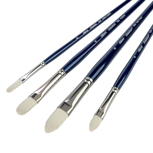 Silver Brush Limited Bristlon Cat's Tongues & Filberts Oil Brush Set, 4pc | Long Handle, Stiff Fine Point White Synthetic Bristle, Lightly Textured Strokes, Portrait and Botanical Designs - color: Cat's Tongues & Filberts, size: 4 count