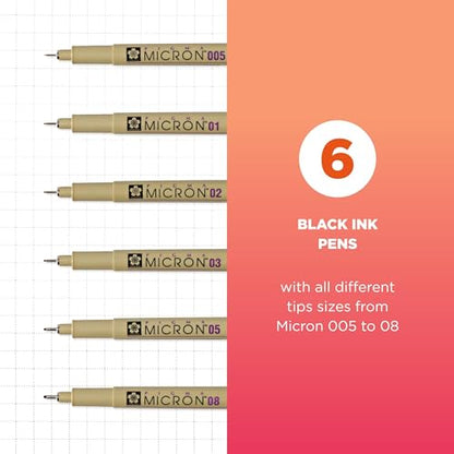SAKURA Pigma Micron Pen 6 Pack and A5 Sketchbook Black Drawing Bundle