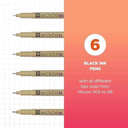 SAKURA Pigma Micron Pen 6 Pack and A5 Sketchbook Black Drawing Bundle