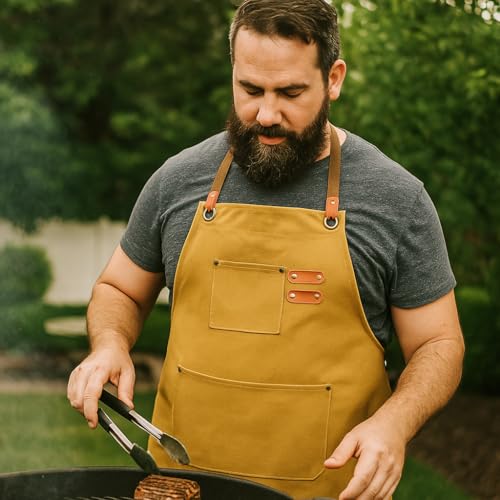 Chef Aprons for Men Canvas Apron with Large Pockets and Adjustable Neck Strap for Cooking,BBQ, Gardening - color: Brown