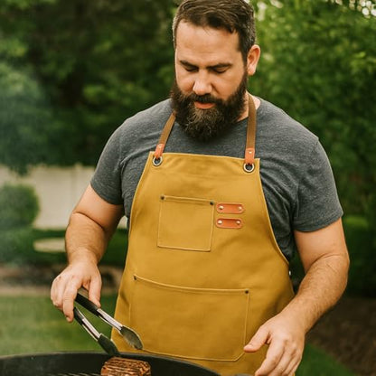 Chef Aprons for Men Canvas Apron with Large Pockets and Adjustable Neck Strap for Cooking,BBQ, Gardening - color: Brown