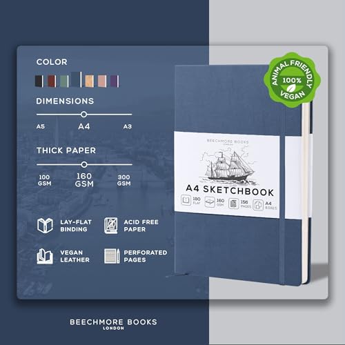 Beechmore Books A4 8.5x11 Mixed Media Sketchbook 160 GSM/98LB with Gift Box | Hardcover Art Journal with Lay-Flat Binding, 156 Perforated Ivory Pages for Drawing, Ink & Light Watercolor - color: Symphony Blue, size: A4 - 8.5" x 11.5" Large