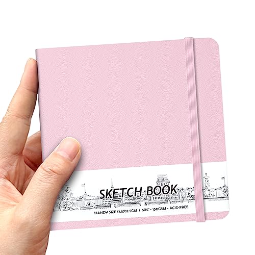 5" x 5" Hardcover Sketch Book,58 Sheets Small Mixed Media Pocket Sketch Pad | PU Cover,150 GSM Acid Free Artist Drawing Paper,Travel Journal Blank Notebook for Adults Sketching,Illustration.Pink - color: 150gsm PU-pink