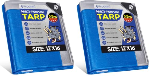 TICONN Heavy Duty Tarp Cover, Extra Thick Tarps Waterproof Tear and Rip Proof UV Resistant Tarpaulin with Reinforced Grommets and Edges (5.5 Mil, 12'x16') (Pack of 2) - color: Blue, size: 12'x16', 5.5 Mil (Pack of 2)
