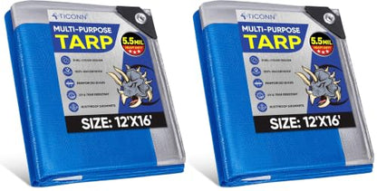 TICONN Heavy Duty Tarp Cover, Extra Thick Tarps Waterproof Tear and Rip Proof UV Resistant Tarpaulin with Reinforced Grommets and Edges (5.5 Mil, 12'x16') (Pack of 2) - color: Blue, size: 12'x16', 5.5 Mil (Pack of 2)
