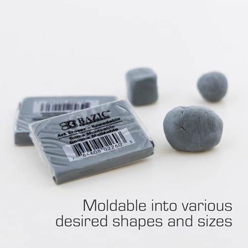 BAZIC Products Kneaded Art Eraser, Moldable, for Drawing & Charcoal, 6-Pack | Soft gray kneaded art eraser, Molds in your hand to lift pencil, Pastel without crumbs, Artists, Bulk pack