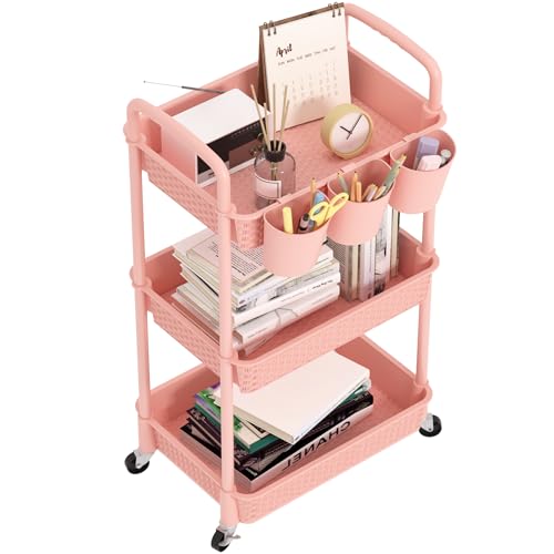 MOYIPIN 3-Tier Plastic Rolling Utility Cart with Handle,Pink | Utility Storage Cart for Office, Living Room, Kitchen,Movable Storage Organizer，Easy installation，Rattan-like art design - color: Pink, size: 3-Tiers with cups