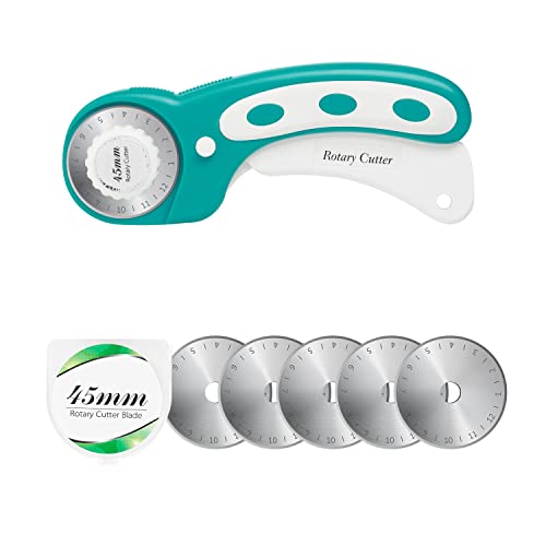 45mm Rotary Cutter with 5pcs Extra Blades, Ergonomic Handle Rolling Cutter with Safety Lock for Fabric, Leather, Crafting, Sewing, Quilting, Fabric Rotary Cutter Perfect for Left & Right Hand (Green) - color: Turquoise, size: 45mm