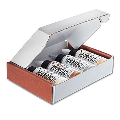 Golden Acrylics High Flow Acrylic Paint Set - 4 Iridescent Metallic Colors, Copper, Gold, Silver, Pearl - 1 Ounce Bottles - Metallic Acrylic Paint for Mixed Media, Calligraphy, Airbrush, and Brushes