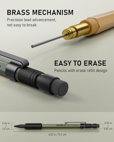 Nicpro 3 PCS 1.3 mm Mechanical Pencil Set with 48 Lead Refill, 3 Eraser | MP2000 3 Color Weatherproof Metal Barrel, Heavy Duty Carpenter Pencil for Outdoor Construction Marking Drafting and Drawing - style: 3 Pack (Black Green Brown)