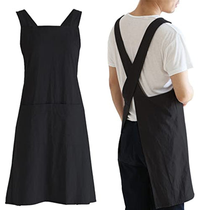 NEWGEM Japanese Cotton Linen Cross Back Cooking Apron for Women Men with Pockets Cute for Baking Kitchen - color: 14 - Men's Black
