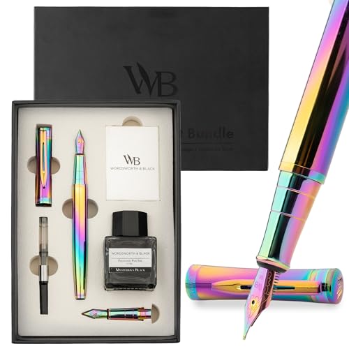 Wordsworth & Black Fountain Pen Gift Set, Medium & Extra Fine Nib, Rainbow | For Men & Women, Brass Body, 18K German Iridium, Ink Bottle + 6 Cartridges, Converter, Writing & Calligraphy, Journaling - color: Rainbow