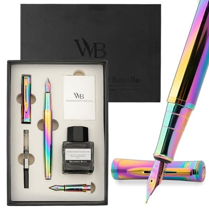 Wordsworth & Black Fountain Pen Gift Set, Medium & Extra Fine Nib, Rainbow | For Men & Women, Brass Body, 18K German Iridium, Ink Bottle + 6 Cartridges, Converter, Writing & Calligraphy, Journaling - color: Rainbow
