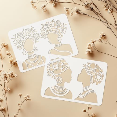 2Pcs Flower African American Lady Stencils for Painting, 11.69"x8.27"Plastic Floral African Women Face Stencil Drawing Templates, DIY Craft Paint Templates for Wall Home Decor Wood Burning Canvas - style: Lady