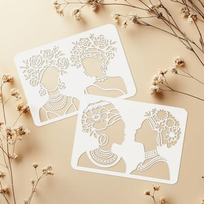 2Pcs Flower African American Lady Stencils for Painting, 11.69"x8.27"Plastic Floral African Women Face Stencil Drawing Templates, DIY Craft Paint Templates for Wall Home Decor Wood Burning Canvas - style: Lady