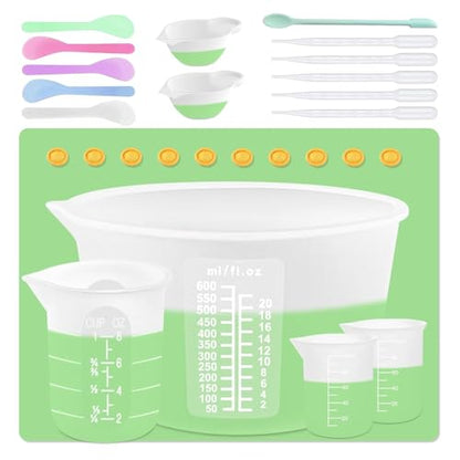 Silicone Measuring Cups Kit for Resin, Epoxy Supplies Set with 600ml, 250ml & 100ml Silicone Cups, Reusable Resin Supplies Cups with Silicone Mat, Stir Sticks, Mixing Cups for Molds Arts, Crafts - size: 600ML+250ML+100ML
