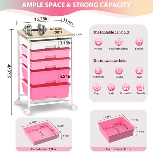 Goovilla Rolling Cart with 5 Drawers for Craft, Art, Dorm, Office, Pink - size: Pink