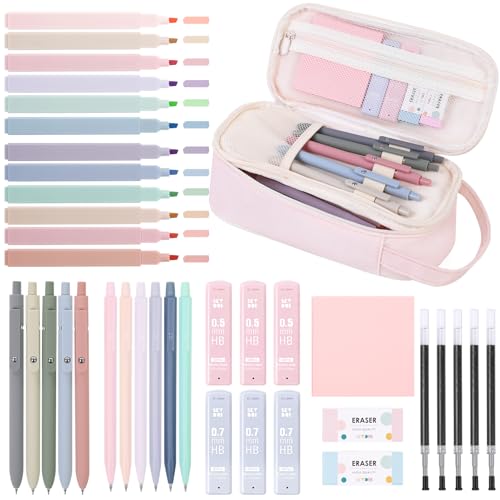 SKYDUE School Supplies Kit, 38 PCS Cute Stationery Set with Large Pencil Case, Pens, Mechanical Pencil Set, Highlighters & Refills, Aesthetic School Supplies for Girls, College, Back to School Pink - color: Pink