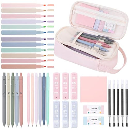 SKYDUE School Supplies Kit, 38 PCS Cute Stationery Set with Large Pencil Case, Pens, Mechanical Pencil Set, Highlighters & Refills, Aesthetic School Supplies for Girls, College, Back to School Pink - color: Pink