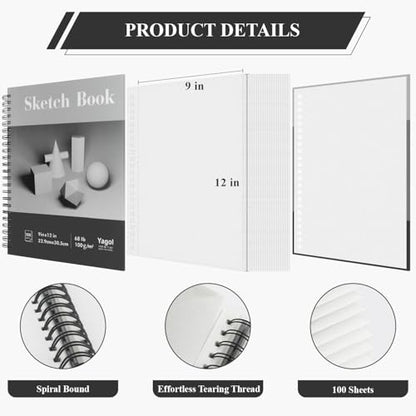 Yagol Sketch Book 9x12, 100 Sheets Spiral Bound Sketchbook, 68lb/100gsm Acid-Free Drawing Paper Pad for Sketching, Pencil, Charcoal & Dry Media, Art Sketch Pad for Students, Beginners & Artists.