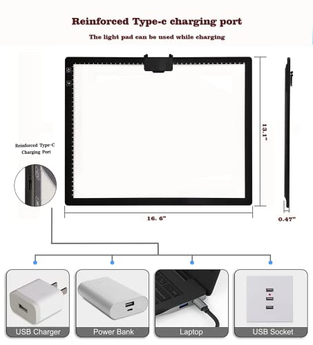 YINGWOND Rechargeable A3 LED Light Pad with Carry Bag, Adjustable Brightness Light Box with 3 Colors, Built-in Stand, 2500mAh Battery, Magnetic Clip, Light Board for Tracing Diamond Painting Sketching - style: Rechargeable-A3 Black+Padded case