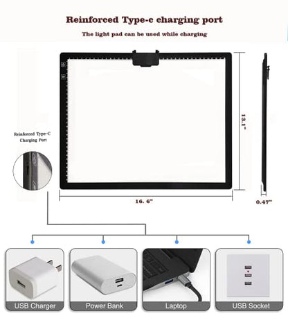 YINGWOND Rechargeable A3 LED Light Pad with Carry Bag, Adjustable Brightness Light Box with 3 Colors, Built-in Stand, 2500mAh Battery, Magnetic Clip, Light Board for Tracing Diamond Painting Sketching - style: Rechargeable-A3 Black+Padded case
