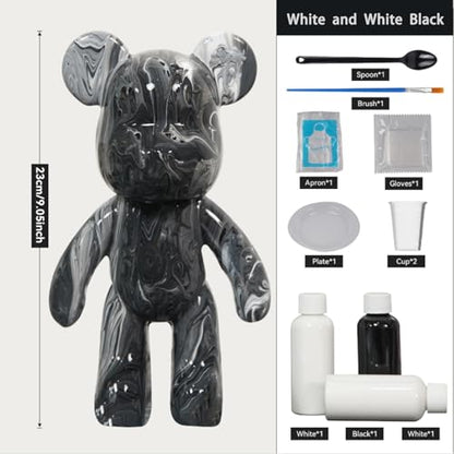 YONXID DIY Fluid Bear Painting Kit - Fluid Art Pour Paint Bear Set - Full Drip Paint Bears Kit with Spill Tray & Apron for Family Activity, Date Night, Holiday Gifts, 9.05 in, White+White+Black - color: White+White+Black(Easy DIY)